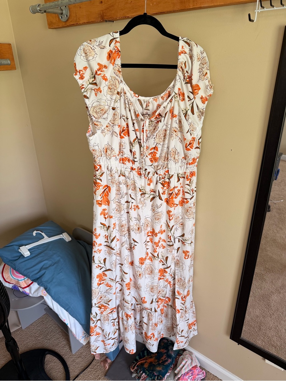 White Floral Midi Dress with Orange Blooms